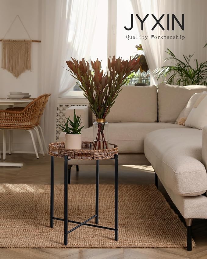 16.5in Round Rattan Side Table with Wooden Top, Small Wicker End Table, Indoor/Outdoor Use