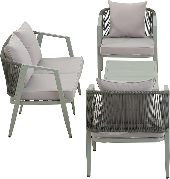 Montary 4-Piece Outdoor Patio Furniture Set, U-Shaped Iron-Frame Conversation Set with Weather-Resistant Cushions & Metal Coffee Table - Durable for Garden, Backyard, Balcony, Poolside (Green)