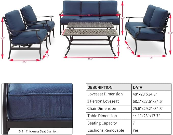 Patio Conversation Set 6 Pieces Metal Outdoor Furniture Seating Sets with Blue Thick Cushions, Rocking Chairs & Coffee Table & Loveseat