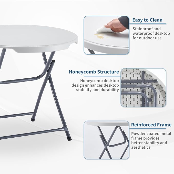 KAIHAOWIN Plastic Folding Table-31.5" Small Round Table with Foldable Legs Portable Table for Dining Party Camping Indoor Outdoor Use-White