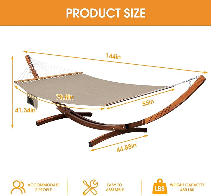 Lazy Daze Hammocks 12 FT 2 Person Double Quick Dry Olefin Blend Hammock with Curved Steel Heavy Duty Stand for Outside, Backyard, Patio, 450 Lbs Capacity, Khaki
