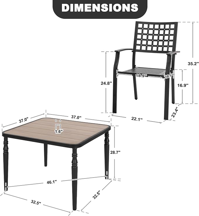 NUU GARDEN 5-Piece Outdoor Patio Dining Set, Wood-Grain Tabletop with Umbrella Hole & Metal Frame, All-Weather Stackable Chairs, Furniture for Backyard Pool Porch Deck, Black