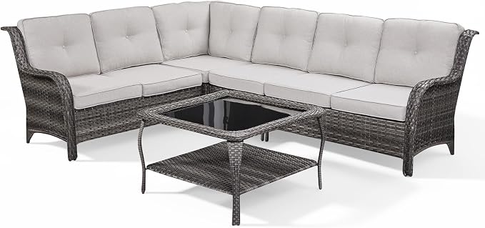 Belord Patio Furniture Set 6 Seats, Oversized Outdoor Sectional Couch, Two 3-Seater Sofas with Coffee Table, Patio Conversation Sets,Ideal for Porch, Deck, Mixed Grey Wicker/Beige Cushion