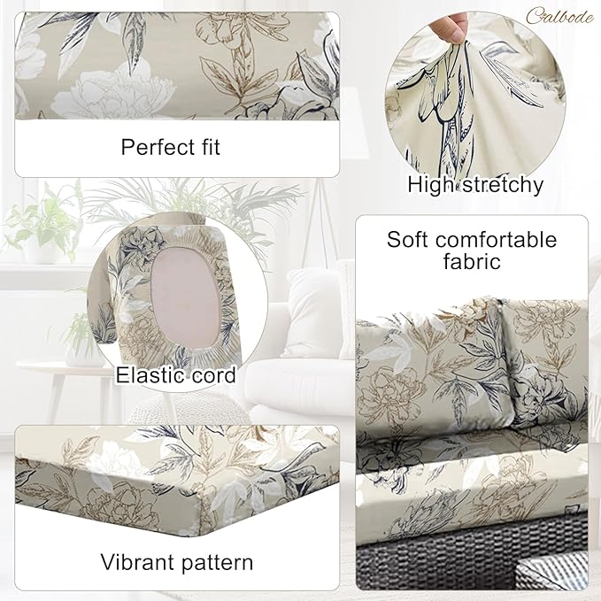 CALBODE 8Pcs Outdoor Stretch Cushion Covers,Waterproof Outdoor Chair Floral Cushion Covers for Patio Furniture, Washable Beige Couch Covers Replacement for Patio Furniture