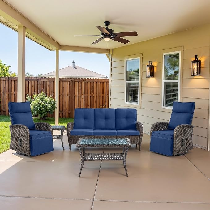 Belord 5 Piece Patio Furniture Set with Swivel Recliner Chair - Patio Outdoor Couch Set, Chaise Lounge Chair Outdoor with Adjustable Backrest and Footrest and Coffee Table for Casual Gathering