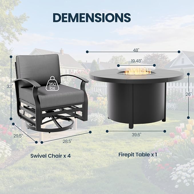 Aluminum Outdoor Patio Furniture Set,5 Pieces 4 Seats Patio Conversation Sets with 48" Round Propane Fire Pit Table,Metal Furniture Set with Thick Cushion,Grey