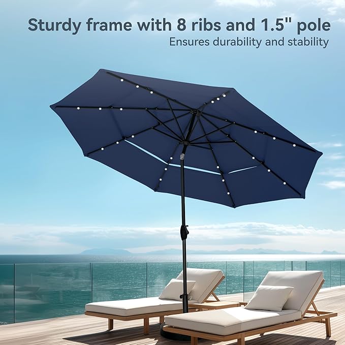 PHI VILLA 10ft Patio Umbrella with Light, Outdoor Large Auto-Tilt 3 Tier Market Table Umbrellas with 8 Sturdy Ribs and 1.5" Pole for Lawn Poolside Garden Terrace,Navy Blue