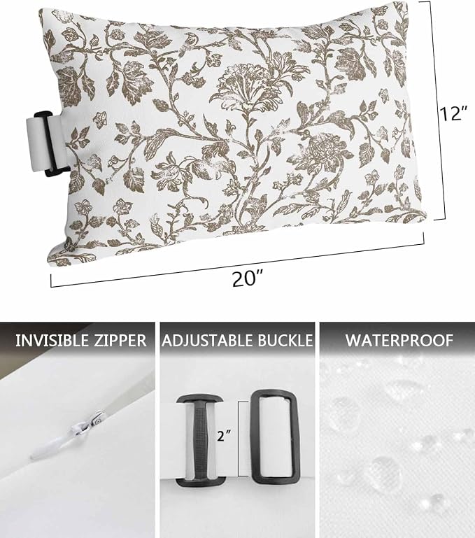 Pack of 4 Outdoor Lumbar Pillow Covers 12x20 Inch, Brown Flower Waterproof Throw Pillow Covers Set, Vintage Farmhouse Boho Leaf Spring Plant Indoor&Outdoor Cushion Cases for Patio Porch Beach