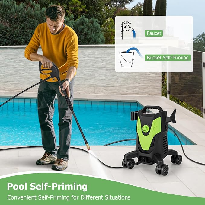 COSTWAY Electric Pressure Washer with 4 Universal Wheels, 2400 PSI High Pressure Cleaner Machine with 4 Nozzles and Soap Bottle, 1.7 GPM Portable Washer for Car, 3 Self-Priming Ways (Green+Black)
