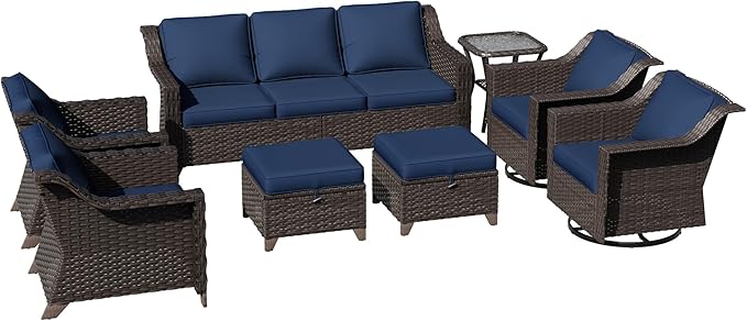 8 Pieces Patio Conversation Furniture Set - 1 Sofa, 2 Ottomans, 2 Armchairs, 2 Swivel Chairs, 1 Side Table, Outdoor Wicker Furniture with Removable Cushions for Porch, Sunroom (Blue)