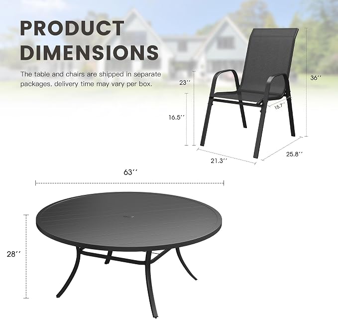 11 Pieces Outdoor Dining Set, 63" Round Table with Umbrella Hole & Stackable Patio Dining Chairs, Patio Table and Chairs Set for Deck Garden Porch, Black Chairs & Black Table