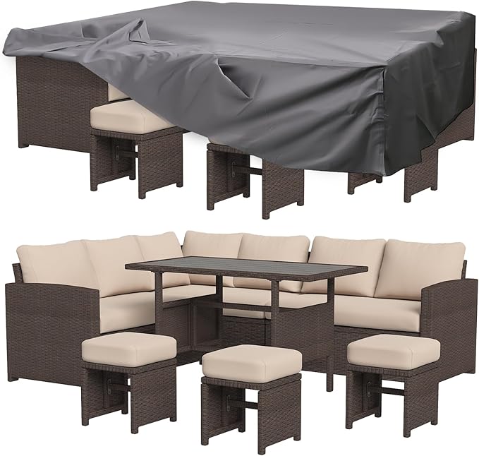 U-MAX 7 Pieces Patio Furniture Set with Waterproof Cover, Outdoor Sectional Sofa Conversation Set, All Weather Wicker Rattan Dining Table & Chair with Ottoman, Brown Rattan&Khaki Cushion