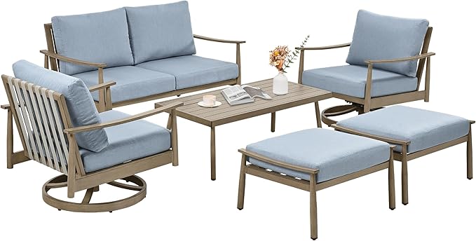 6 Pieces Aluminum Outdoor Patio Furniture Sets with Coffee Table, Cushioned Loveseat and Swivel Chairs with Ottoman, All Weather Conversation Set for Yard Proch Deck, Blue & Brown