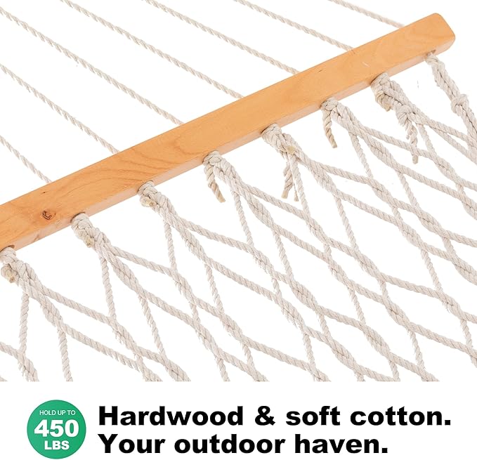 Rope Hammock 2 Person Traditional Hand Woven Outdoor Cotton Hammocks with Hardwood Spreader Bar, Max 450 lbs Capacity (Natural Beige, Large)