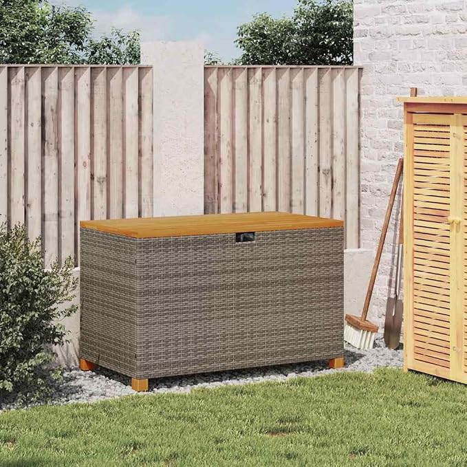 Outdoor Garden Storage Box, Rectangular Deck Container for Cushions and Blankets, Weather-Resistant Synthetic Poly Rattan with Acacia Wood Frame, Gray, 43.3 x 21.7 x 24.8 Inches