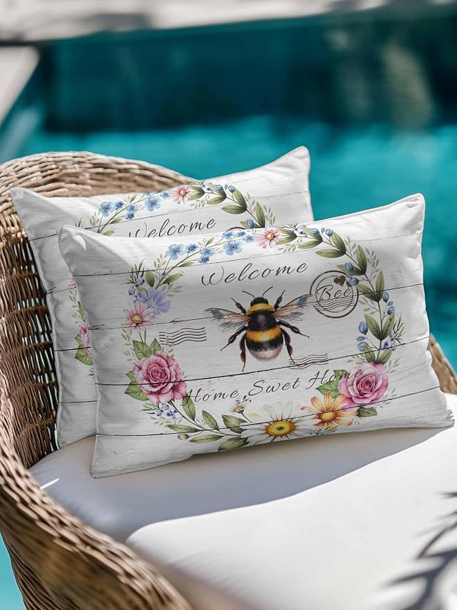 Outdoor Waterproof Throw Pillows Rustic Bee Flower Wreath Patio Pillows,Decorative Pillow Covers with Insert,Pillow Cushion Case for Garden Couch Sofa Farmhouse White Wood Board