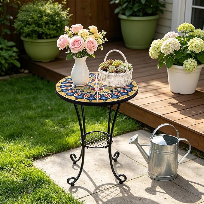 14 Inch Mosaic Patio Side Table with Scroll Legs, Indoor Outdoor Accent Round End Table with Ceramic Tile Tops for Yard, Garden, Living Room, Bistro, B - Grand Mandala