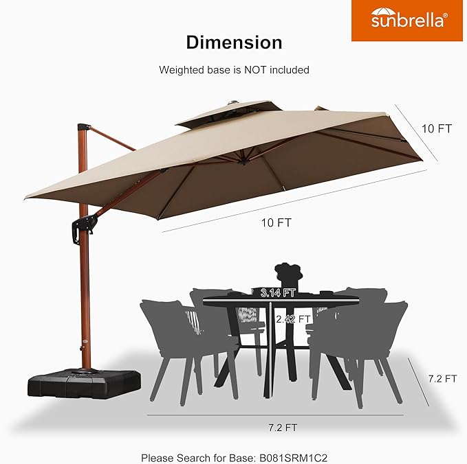 PURPLE LEAF 10' X 10' Patio Large Cantilever Umbrella Outdoor Double Top Deluxe Square Wood Pattern Umbrellas Offset Umbrella Heavy Duty Sun Umbrellas for Garden Deck Pool, Heather Beige