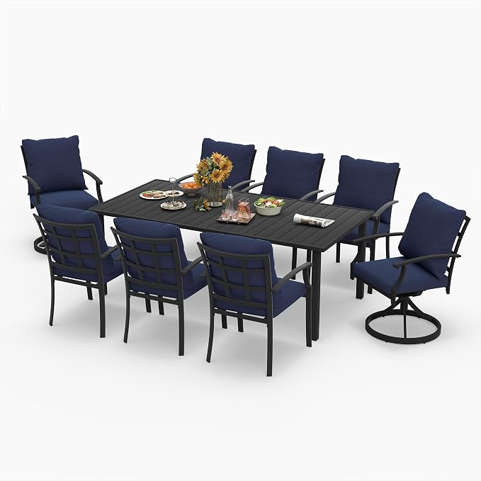 HAPPATIO 9-Piece Patio Dining Set, Outdoor Dining Set with Powder-Coated Metal, Dining Table with Umbrella Hole, 6 Stackable and 2 Swivel Chairs with Removable Cushions for Porch Pool Garden,Navy Blue