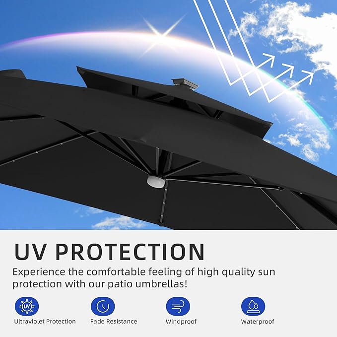 JZAC & QZYD 9x9 FT Outdoor Cantilever Patio Umbrella with Solar LED Lights, Large Heavy Duty 2-Tier Canopy Square Aluminum Offset Umbrellas with 360-Degree Rotation for Pool Deck Backyard, Black