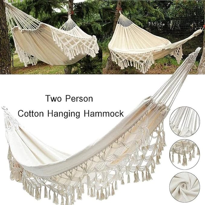 Canvas Fabric Hammock Double Portable Camping Hammock Large Cotton Tassel Hammock Bed for 2 Persons Patio Backyard Porch Lawn Garden Indoor Outdoor