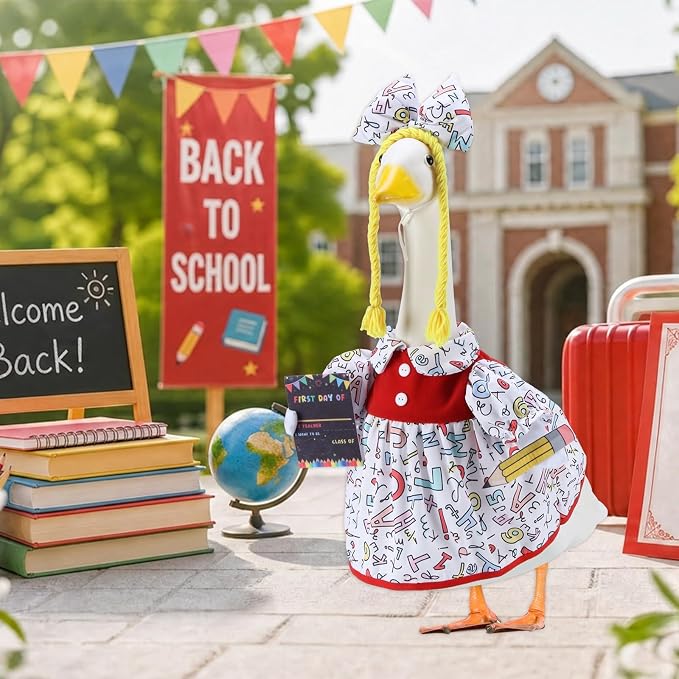 Back to School Porch Goose Outfits for 23 Inch Statue, First Day of School Costume for Cement Statue, Duck Sculpture Clothes for Classroom Patio Decoration