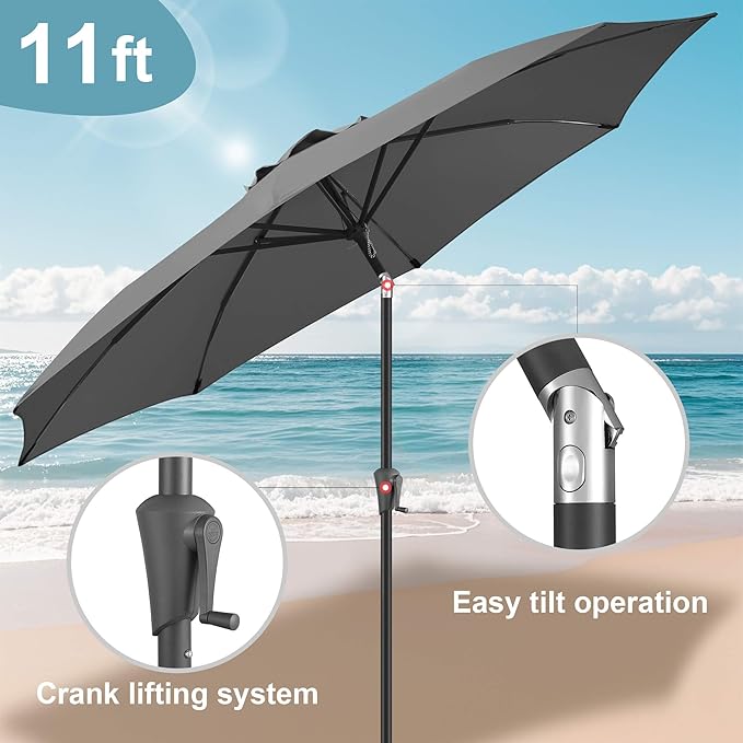FLAME&SHADE 11 ft Patio Umbrella - Table Umbrella Outdoor with Push Button Tilt and Crank, UV Protection, 8 Sturdy Ribs, Market Umbrella for Garden, Deck, Backyard, Lawn, Pool and Beach(Anthracite)