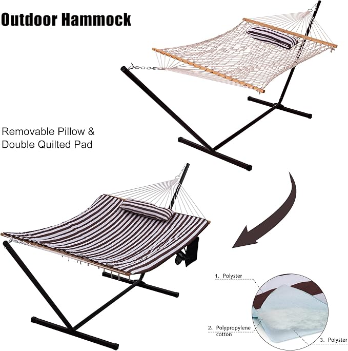 Lazy Daze Hammocks Double Hammock with 12 ft Steel Stand, 2 Person Cotton Rope Hammock with Quilted Pad, Spreader Bars, Detachable Pillow, Mag Bag & Cup Holder, Brown/White Stripe