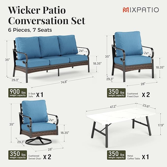 Patio Furniture Set with Fire Pit Table, Metal Outdoor Conversation Set with 5.75'' Extra Thick Cushion, 2 Swivel Chairs, 2 Leg Chairs, 3-Seat Sofa and Gas Fire Pit Table, Navy Blue