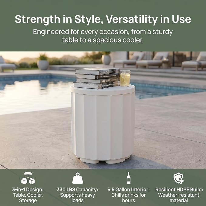 Zapdos 3-in-1 Outdoor Cooler Side Table, Dense Fluted Design, 330lbs Capacity Patio Ice Bucket