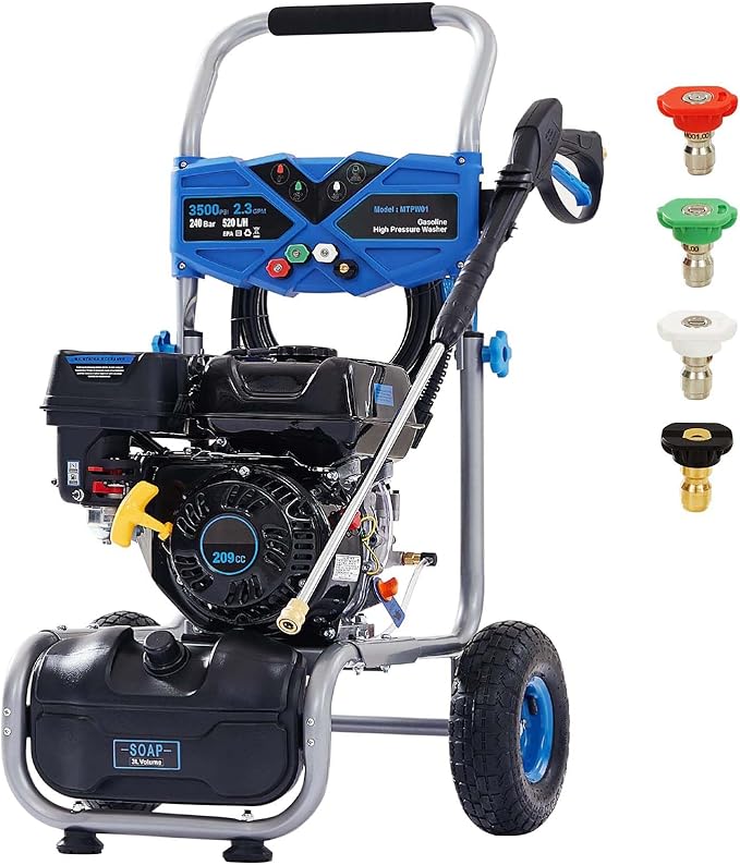 Gas Powered Pressure Washer 3500 PSI - 2.3 GPM Heavy Duty High Power Washer,209CC 7HP Engine with 25Ft Pressure Hose, Axial Aluminum Pump, Soap Tank, 4 Quick Connect Nozzle (Black)