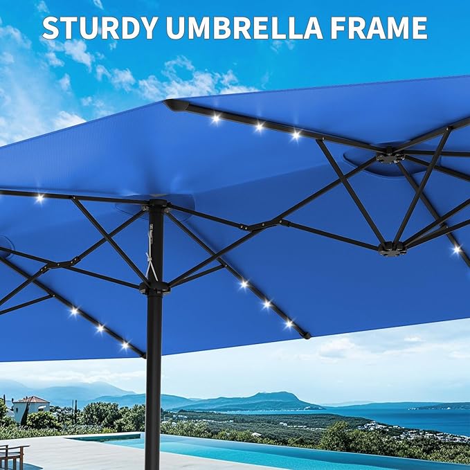 15FT Double-Sided Rectangular Outdoor Patio Umbrella with Included Base & Solar LED Lights–UV-Resistant & Waterproof Canopy,Heavy-Duty Steel Frame,Large Sun Shade for Garden,Deck,Poolside & Backyard