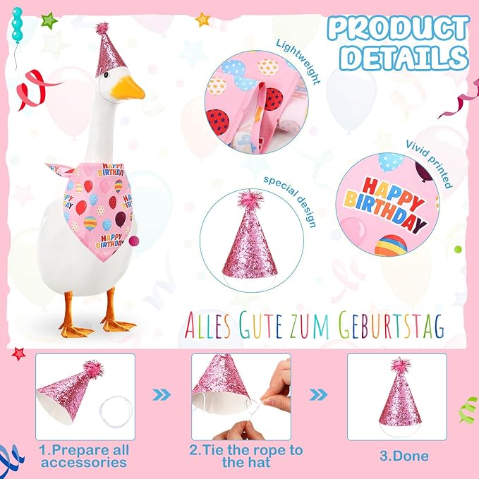 Happy Birthday Goose Outfit with Glitter Hat and Bandana,Pink | for 23" 17" Cement Plastic Porch Goose, Outdoor Statue Patio Yard Lawn Art
