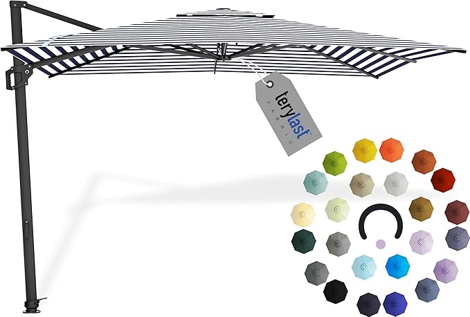 Midtown Umbrellas 9 x 9 Ft Outdoor Cantilever Patio Umbrella w/Terylast Navy Stripes Fabric - Rotate 360° Offset Patio Umbrella, Deck Patio Umbrella, Backyard Umbrella & Garden Umbrella - Black Frame
