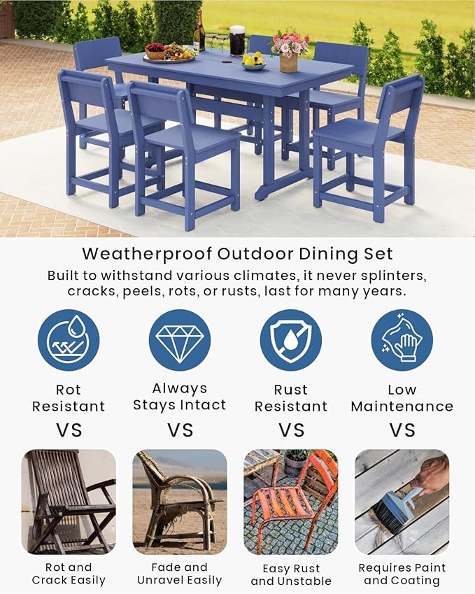7-Piece HDPE Outdoor Dining Set, Weatherproof Patio Table and Chairs for 6, Outdoor Dining Table Set for Outside Deck Backyard Garden, Navy Blue