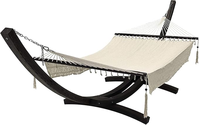 Deluxe Hand Woven Beige Bohemian Chic Rope W/Tassels Hammock Bed. 2 Person Bed. 450 LB Capacity(Stand NOT Included)