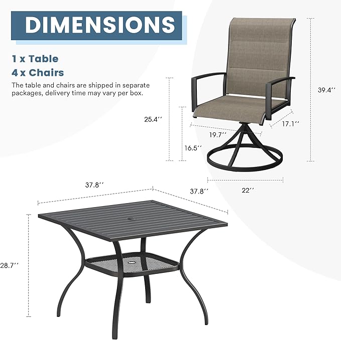 DIFY 5 Piece Outdoor Patio Dining Set for 4, 37.8" Black Square Metal Dining Table and Swivel Patio Chairs with Brown Padded Textilene, All-Weather Outdoor Furniture Set for Garden Backyard Porch