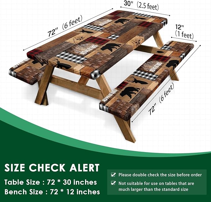 Picnic Table Cover with Bench Covers Elastic Edges, Retro Camper Fitted Table Cover, Outdoor Patio Camping Essentials 72 Inch 3PCS, Waterproof Camping Fitted Tablecloth with Drawstring Bag