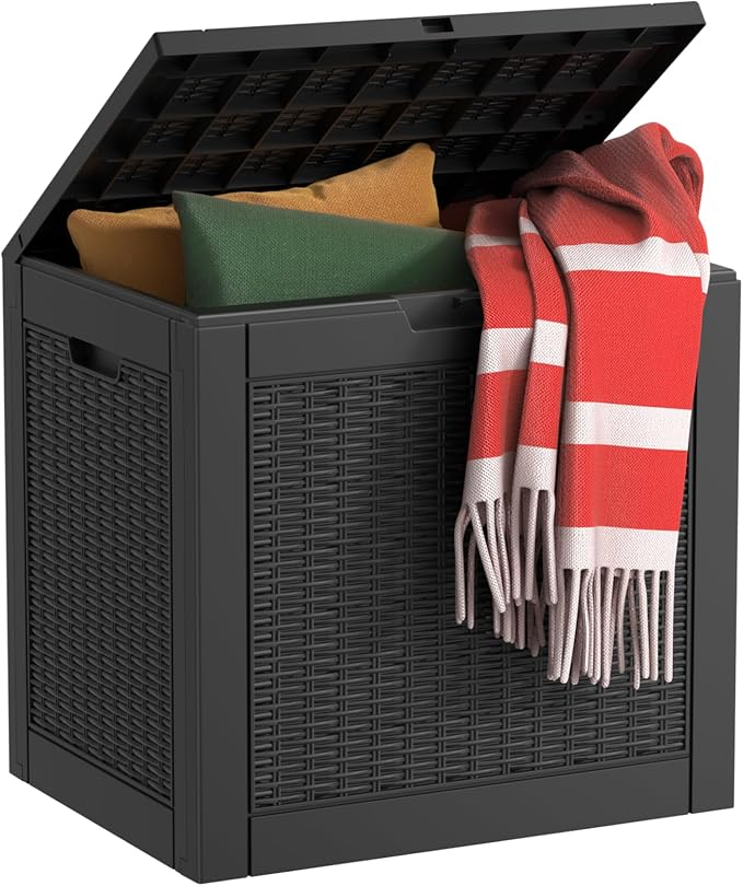 EasyUp 34 Gallon Resin Deck Box Waterproof, UV Resistant Outdoor Storage Box for Delivery, Garden, Patio,and Porch, Rattan Black