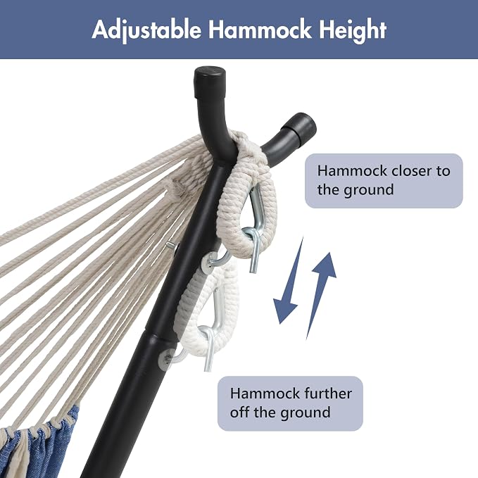ANOW Two Person Hammock with Stand for Outside, Space Saving Hammock Stand with Adjustable Height, 475 Lbs Capacity, Blue and White Stripe