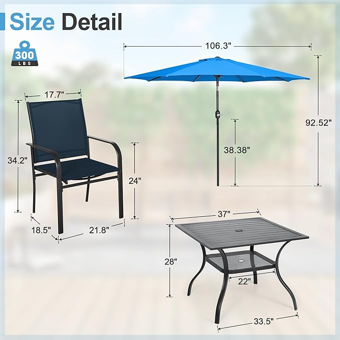 Crownland 5 Piece Patio Dining Set, Textilene Dining Sets, 4 Textilene Metal Chairs and Square Outdoor Dining Table with Sky Blue 9FT Round Outdoor Umbrella