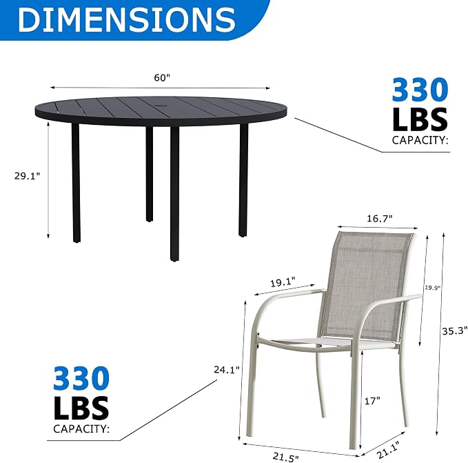 9-Piece Patio Furniture Set, Black Round Patio Table and Grey Chairs Set of 8, Outdoor Dining Set with Umbrella Hole for Garden, Yard, Patio