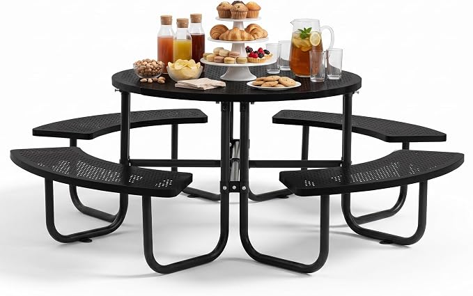 46" Round Heavy Duty Metal Picnic Table with Umbrella Hole, Portable Open Air Picnic Table for Outdoor Patio & Lawn Garden, Rustproof Commercial Grade (Black - Round)
