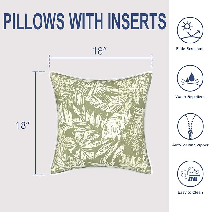Outdoor Throw Pillows Inners, Fade Resistant Patio Furniture Square Pillows with Piping Set of 2 for Patio Furniture, 18x18 Inch, Tropical Leaf Green