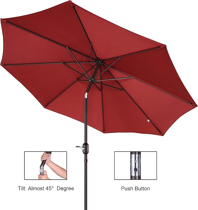 Pure Garden 9' Outdoor Patio Umbrella with 8 Ribs, Aluminum Pole and Push Button Tilt, Fade Resistant Market Umbrella (Red)
