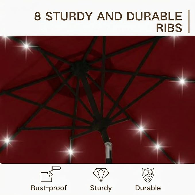 Kingdura 10FT Outdoor Patio Umbrella with Solar Lights, Market Table Umbrella with Push Button Tilt & Crank, 8 Sturdy Ribs, 32 LED Lights, UV Protection for Garden Lawn Deck Backyard Pool (Dark red)