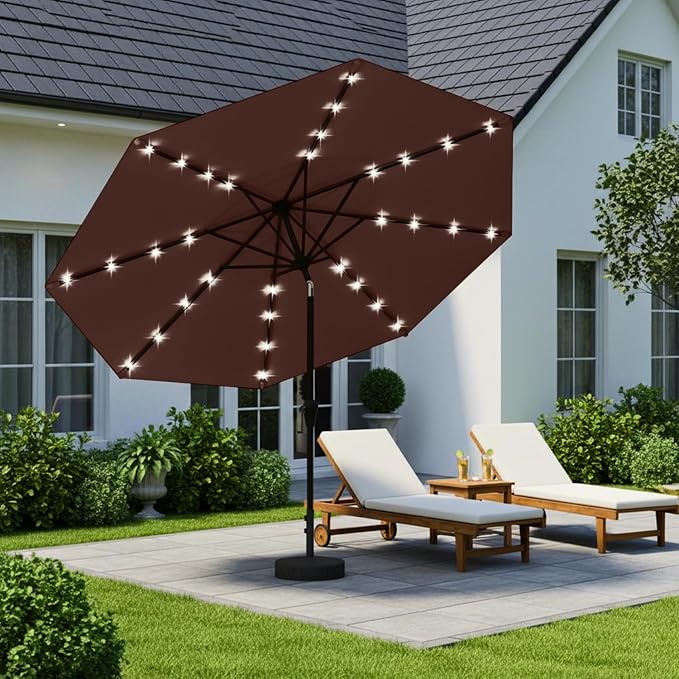 9' Solar LED Patio Umbrella with Tilt & Crank|8 Sturdy Ribs,UV Protection,Outdoor Market Table Umbrella for Deck,Lawn,Pool,Backyard(Brown)