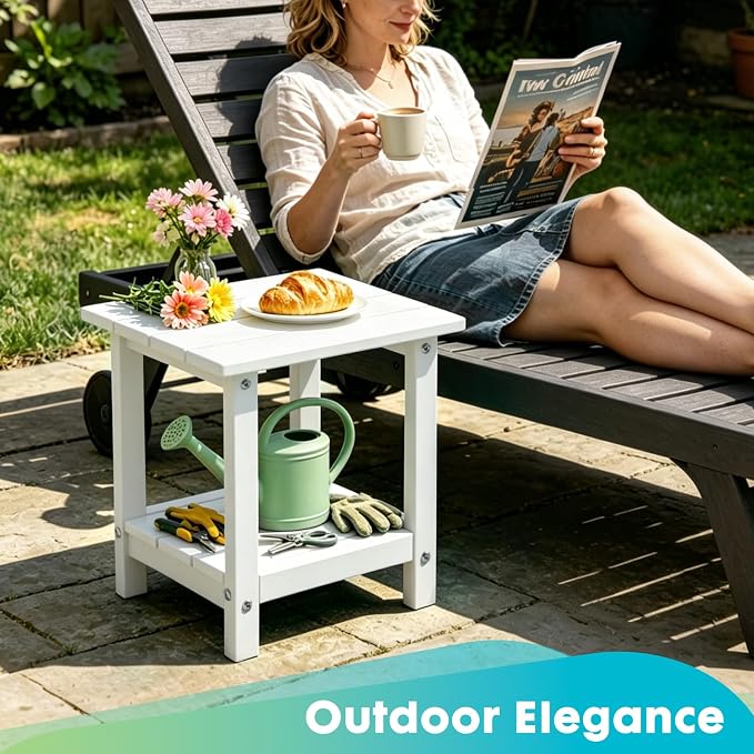Outdoor 2-Tier Square Side Table, Adirondack Weather Resistant Patio End Table, Low Maintenance HDPE Accent Table for Backyard, Pool, Porch, Deck, White
