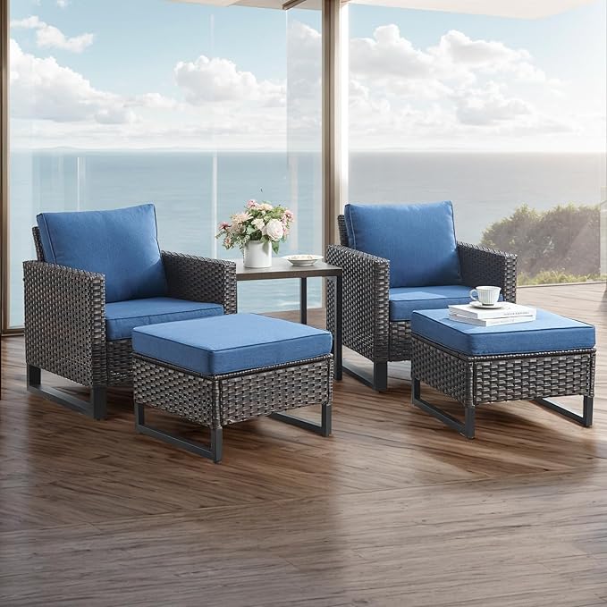 Rilyson Wicker Outdoor Patio Furniture Set - 5 Piece Patio Conversation Set with 2 Wicker Armrest Chairs,2 Rattan Ottoman and 1 Metal Side Table for Outside Porch Deck Backyard Garden(Brown/Blue)