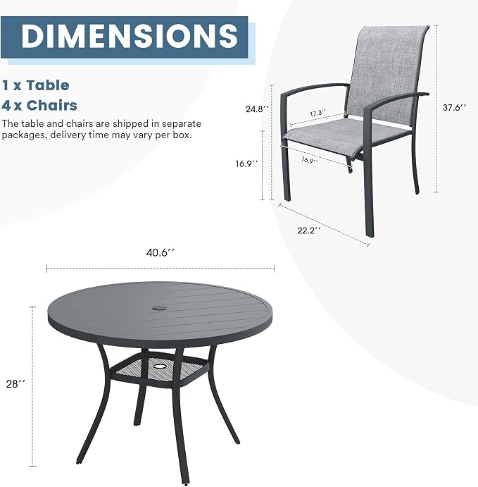 DIFY 5 Pieces Outdoor Dining Set for 4, 40.6" Round Dining Table with Umbrella Hole and Textilene Stackable Patio Chairs, Metal Patio Table and Chairs Set for Garden Backyard Poolside, Grey